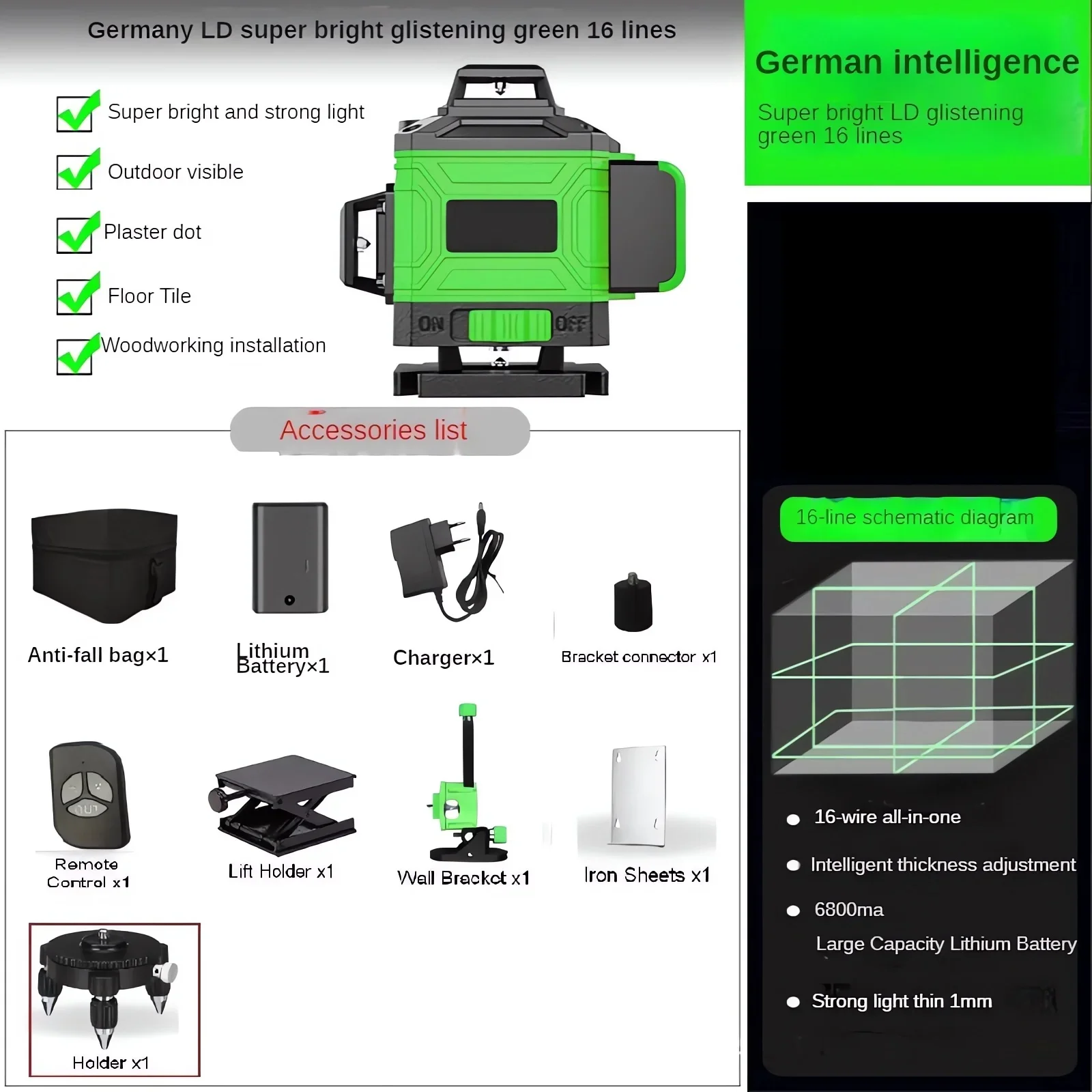 

High Precision360 ° Самовыравнивающийся лазерный уровень с аккумулятором емкостью 3000 мАч, зеленый лазер высокой мощности 3D/4D, 12/16 линий, лазерный верт