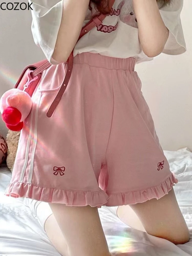 Girls Sweet Lolita Sports Shorts Cute Pink Bow Embroidery Ruffles Loose Wide Leg Pants Women Kawaii Chic Short Pants Summer 2022