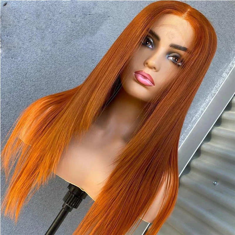 

180%Density 26Inch Soft Brazilian Long Silky Straight Ginger Orange Pre Plucked Lace Front Wig For Women With Baby Hair