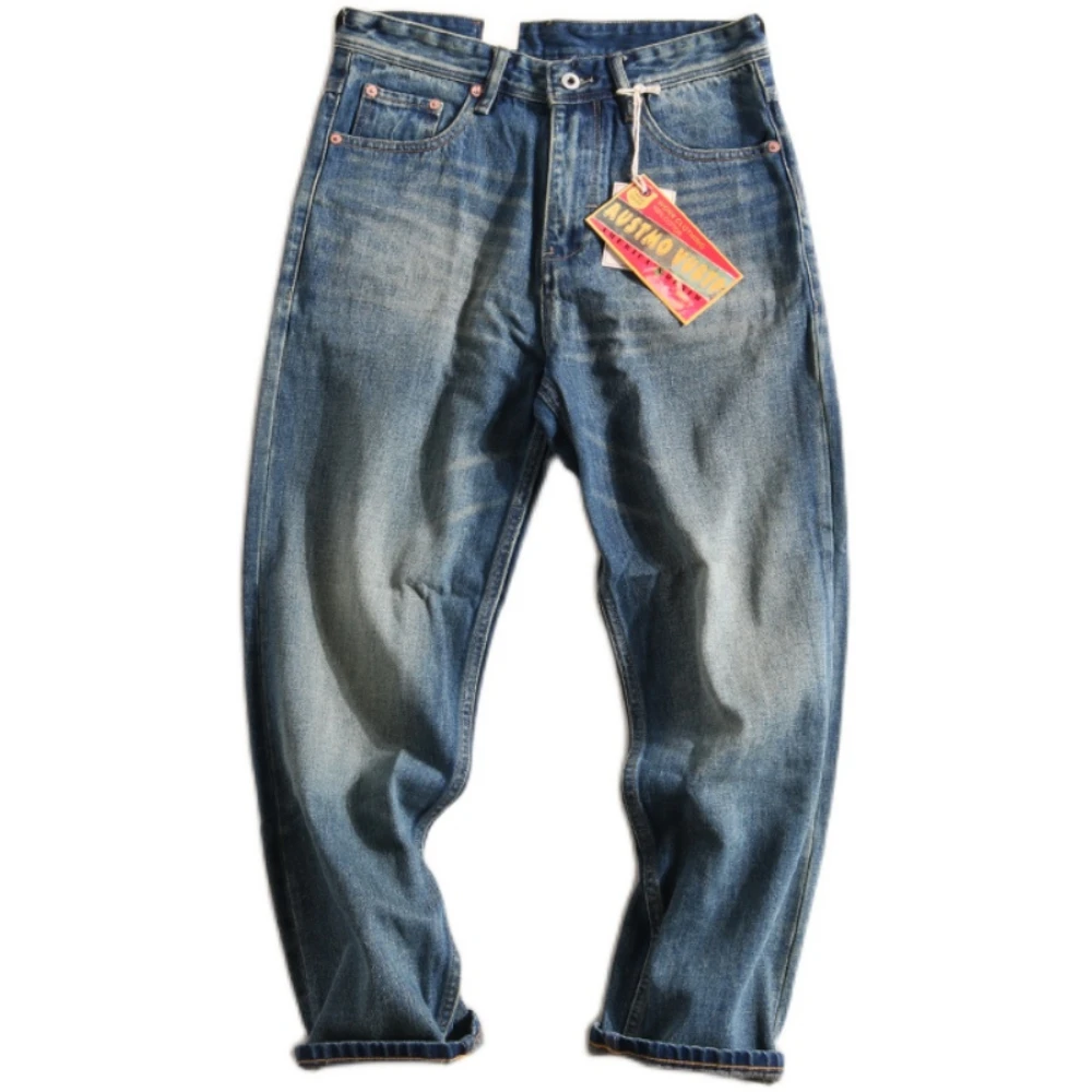 American-style washed old straight elastic heavy denim jeans men's Amikaji slim straight pants tide