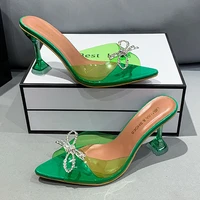 rhinestone bow high heels women banquet grace wedding pumps pointed trendy green sandals cone heel catwalk high quality slippers