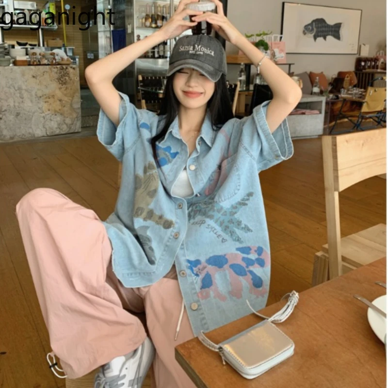 Gaganight Женская индивидуальная Милая джинсовая рубашка с принтом и коротким
