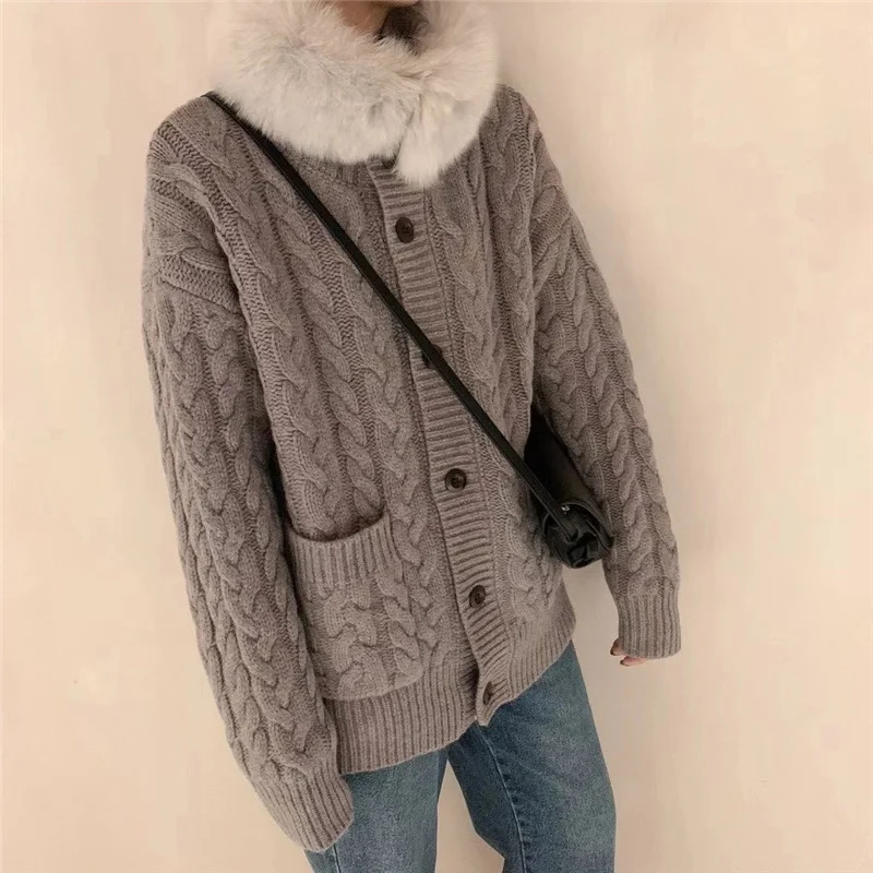 Rachel Women's Winter Sweaters Thicken Cardigan Pockets Knitwear Wild Tops