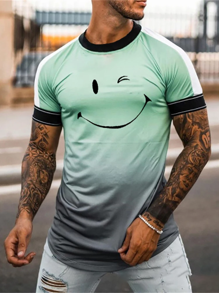 

Мужская приталенная футболка, Повседневная футболка с коротким рукавом и принтом смайлика, с градиентом, весна-лето 2022