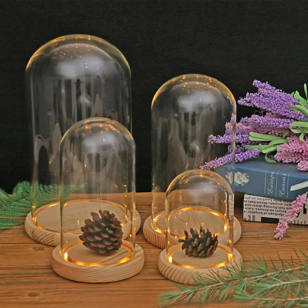 منضدة عرض غطاء زجاجي Terrarium الحاويات ديكور الجاف زهرة الحلي الحرفية ناقوس زجاجي الخشب قاعدة مع قدم مصباح ليد حامل