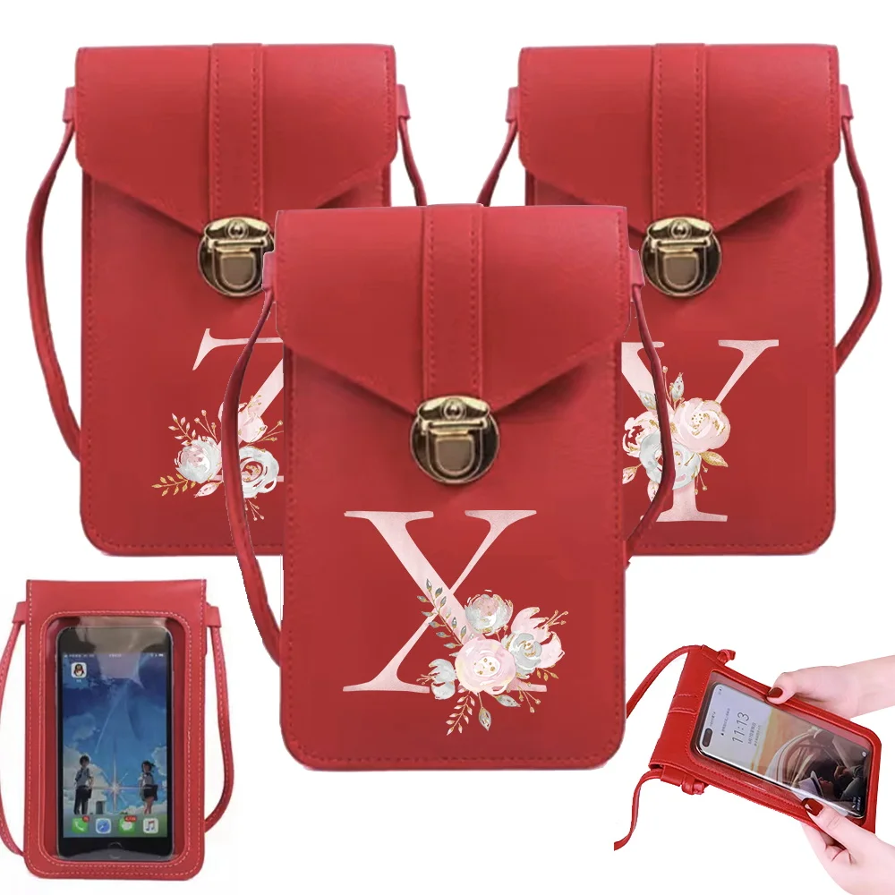 

Universal for IPhone Huawei Samsung Transparent Touch Mobile Phone Bag Waterproof Pink Flower Letter Print Women Shoulder Bags