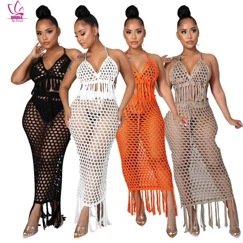 

Hollow Out Bandage Sexy Two Piece Set Spaghetti Strap Top And Long Skirt 2022 Beach Summer 2 Piece Set Women Outfits