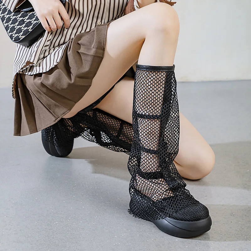 Summer New Women High Boots Platform Shoes Mesh Breathable Blast Street Slim Boots Hollow Sandals Fashion Design Shoes 2023