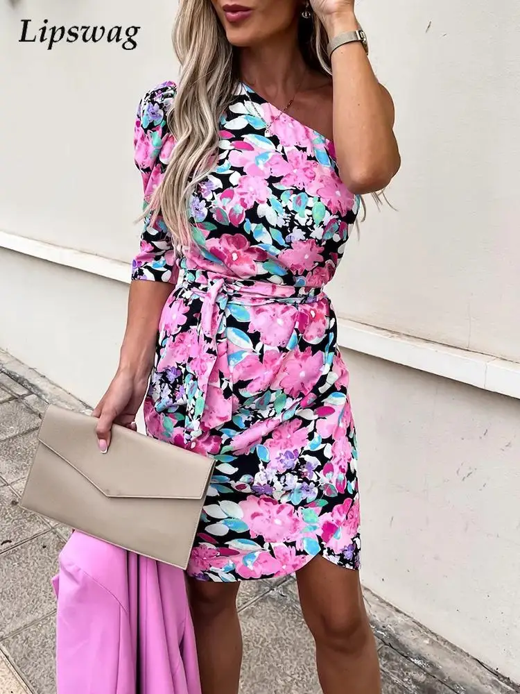 

Office Elegant Pattern Print Party Dress Summer Women Sexy Off Shoulder Mini Dress Lady 2022 Spring Casual Lace-Up Bodycon Dress
