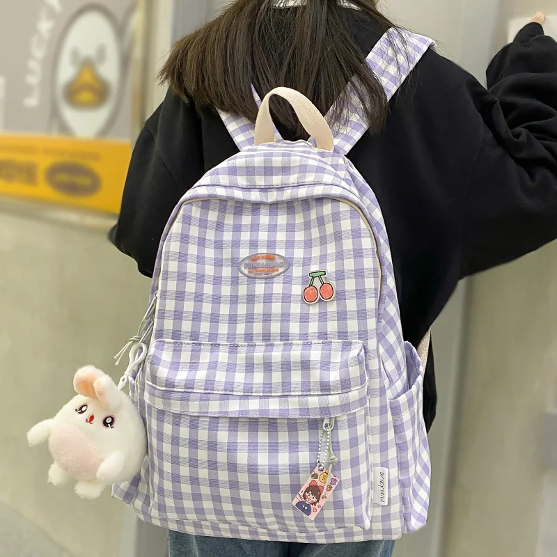 

Trendy Cute Women Lattice Laptop Bag Nylon Lady Kawaii College Backpack Cool Girl Travel Plaid Backpack Female Book Bags Fashion