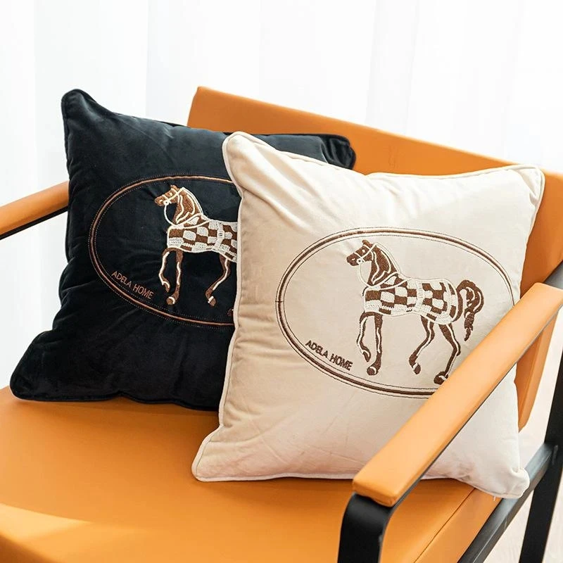 

Velvet Fabric French Luxury Horse Embroideried Home Sofa Soft Cushion Cover Pillowcase Living Room Car Seat Decoration