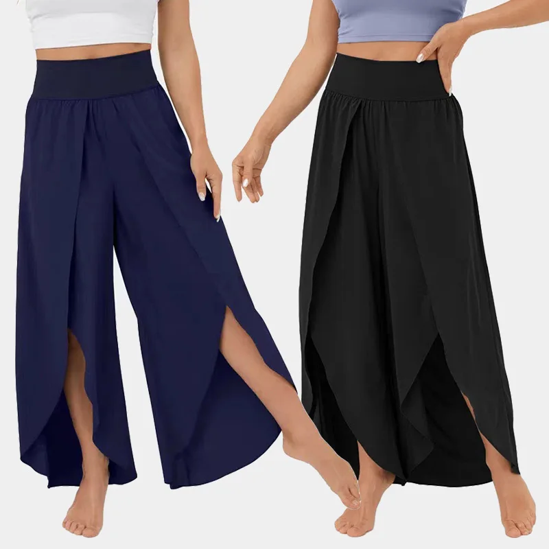 Women Plus Size Wide Leg Pants Loose Fitness Dance Yoga Split Trousers Female Elastic Wasit Casual Workout Solid Summer Clothing