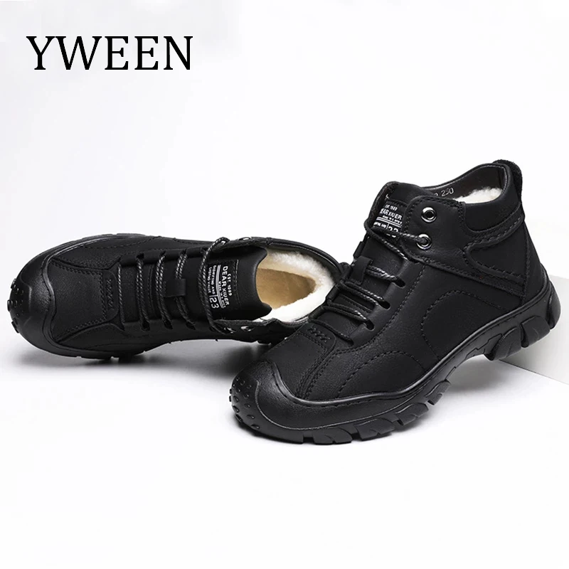 Мужские ботинки YWEEN зимние толстые теплые из шерсти и меха кожаные дизайнерские