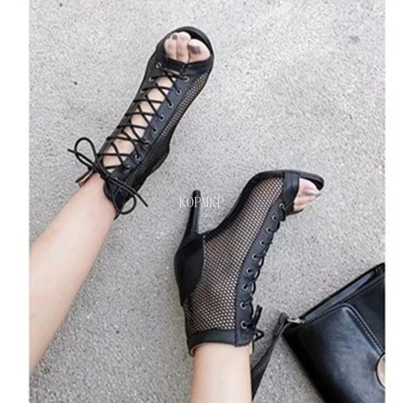 

2023 Summer Sexy Ladies Peep Toe Shoes High Heels Women Sandals Lace Up Mesh Cool Sandals Boots New Fashion Summer Women Pumps