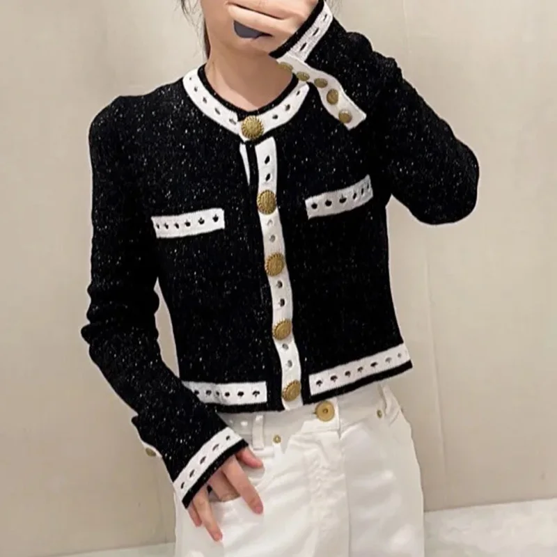 

2023 Autumn Fashion Buttons Knit Cardigan Women Runway Contrast Color Sweater High Quality O-neck Cardigans Outwear Streetwear