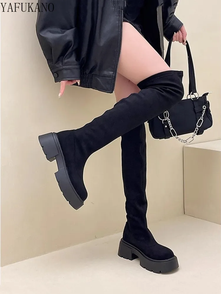 Сапоги женские замшевые на платформе повседневные эластичные сапоги выше колена