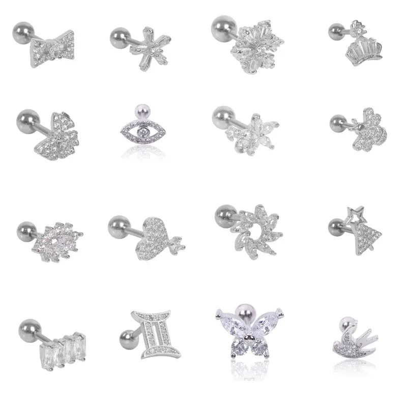

NEW 10pcs Stainless Steel Ear Piercing Stud Cz Bow Heart Crown Cartilage Helix Conch Screw Back Earring For Woman Wholesale