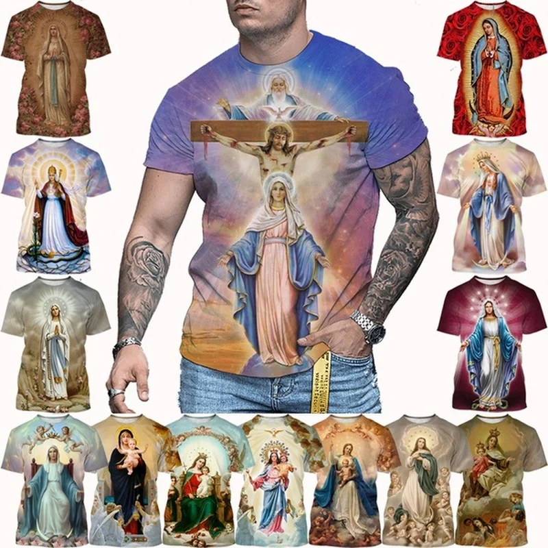 

Blessed Virgin Mary 3d Printing Tshirt Personality Fashion Faith Style Short Sleeved Casual Streetwear Top Virgin Mary Catholic