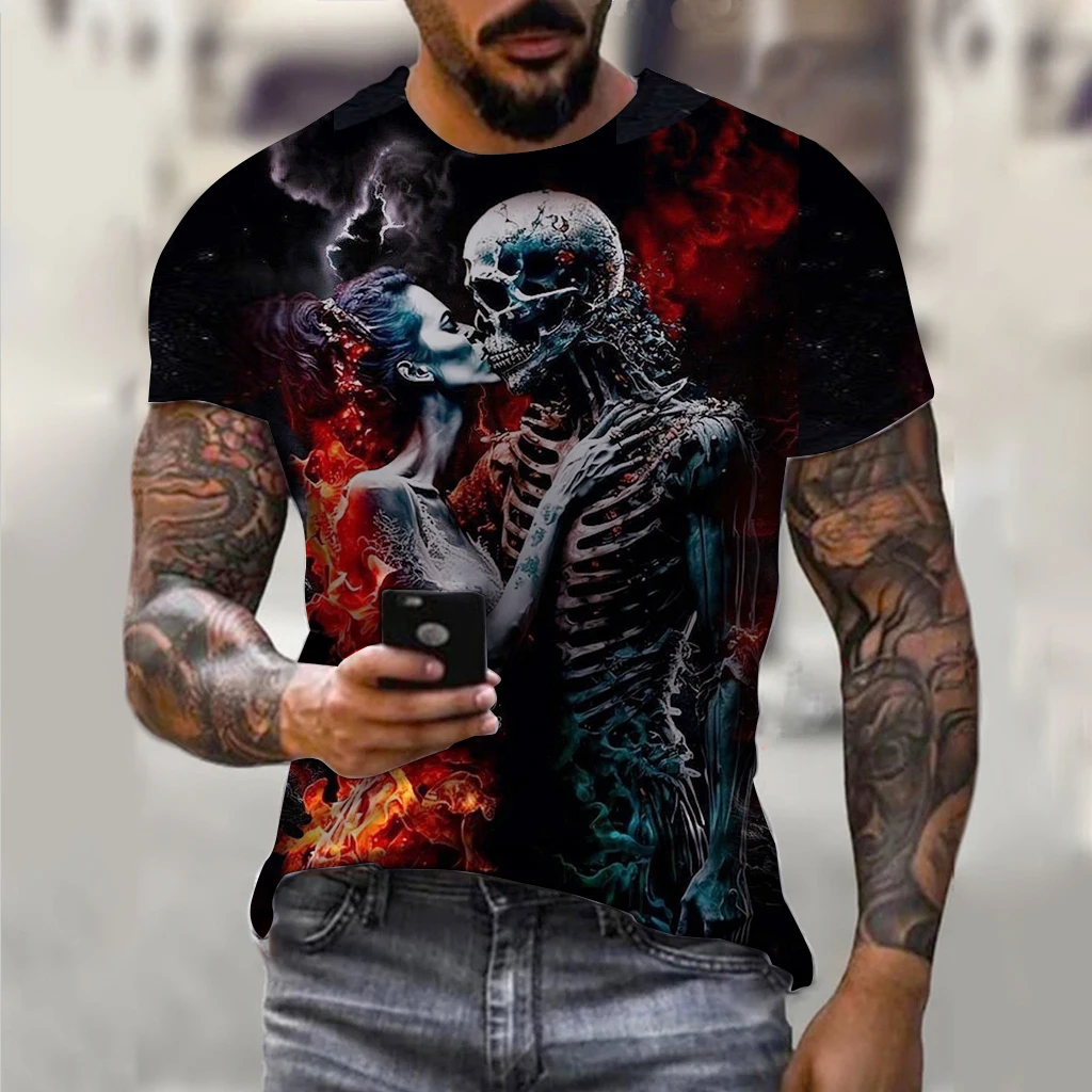 

Vintage T Shirts For Men Horror Undead Skull Pattern 3D Printed Short Sleeve Fashion Oversized T-shirt Men's Casual Clothing