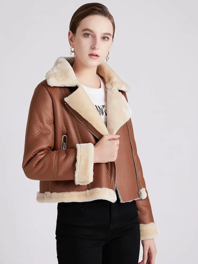 Winter Brown Faux Leather Jacket Faux Fur Warm Short Coat Biker Streetwear Leather Moto Jacket Faux Lamb Leather Jackets Coats