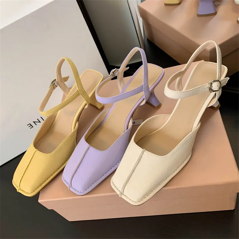 

2022 Summer Sandals Woman Shoes Split Leather Shoes Women Slingback Thin Heel Sandals for Women Square Toe High Heels Sandals