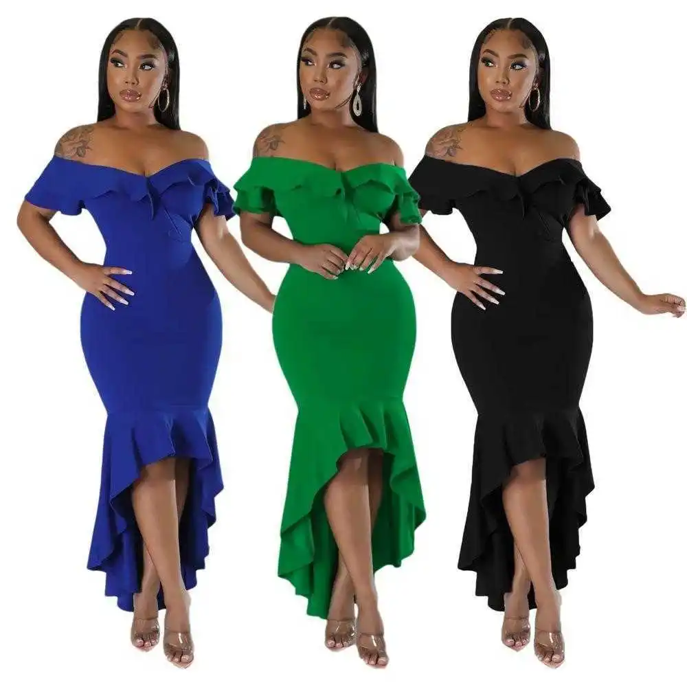 

Slim Fit Off Neck Dresses Elegant Ruffle Summer Irregular Womens Dress