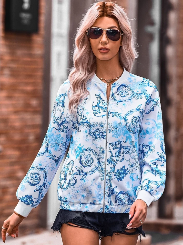 

Thin Printed Casual Loose Jacket Woman Jacket Bomber Jacket Women Colorblock Coat Women 2022 Spring And Autumn New Sports Style