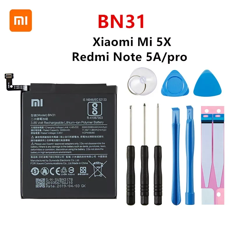 

NEW2023 100% Orginal BN31 3080mAh Battery For Xiaomi Mi 5X Mi5X Redmi Note 5A / Pro Mi A1 Redmi Y1 Lite S2 BN31 Batteries +Tools