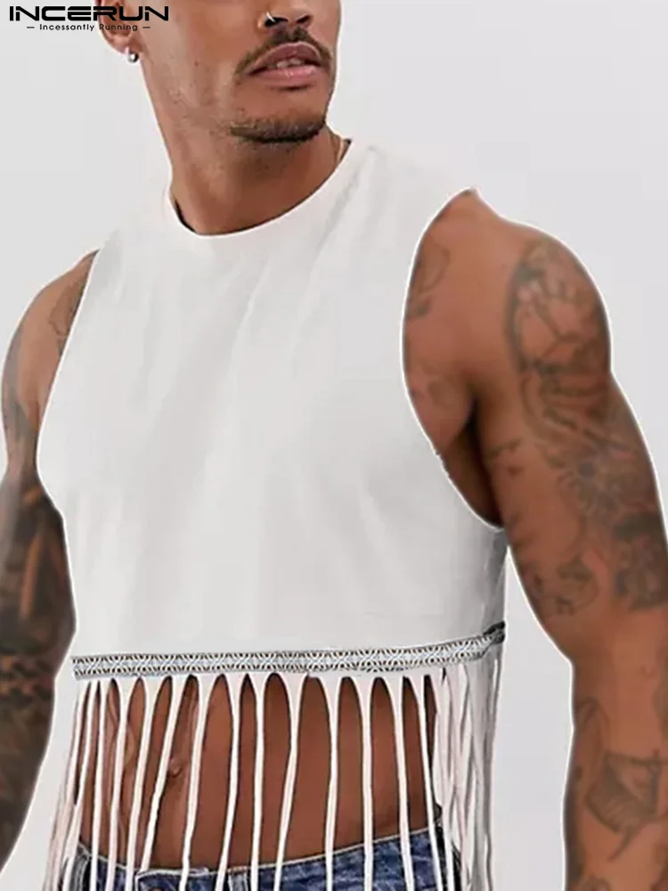 INCERUN Men Tank Tops V-neck Sleeveless Streetwear Patchwork Hem Tassel Casual Vests 2022 Summer Personality Men Clothing S-5XL