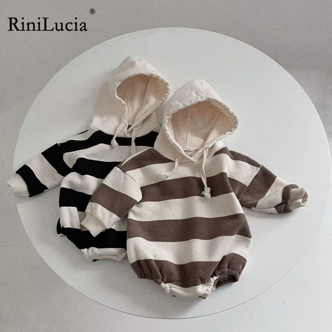

RiniLucia 2023 Spring New Baby Boys Girls Jumpsuits Newborn Cotton Clothes Striped Long Sleeve Hooded Sweatshirts Rompers Tops