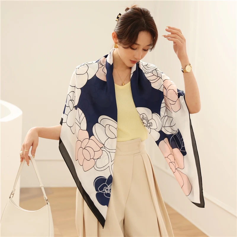 

Flower Print Silk Scarf Women New Headbands Female Hijab Lady Beach Designer Scarves Square Shawl Large Bufanda Foulard Bandana