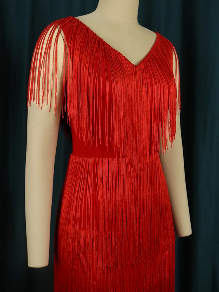 Tassel Evening Party Dresses Plus Size Sexy V Neck High Waist Sleeveless Midi Length Fringe Cocktail Outfits for Ladies 3XL 4XL