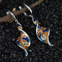 vintage spiral rose flower dangle earrings for women ethnic jewelry metal painting blue pattern leaf enamel long earrings