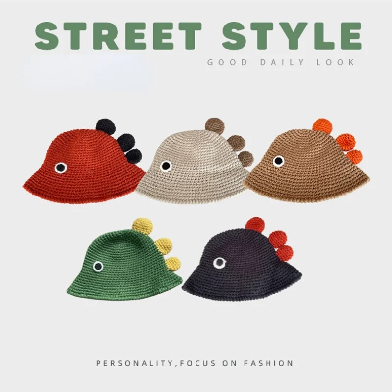 

New Women's Hats Autumn and Winter Warm Knitted Fisherman Cap Cute Green Dinosaur Wool Girl Bucket Hat Gorras