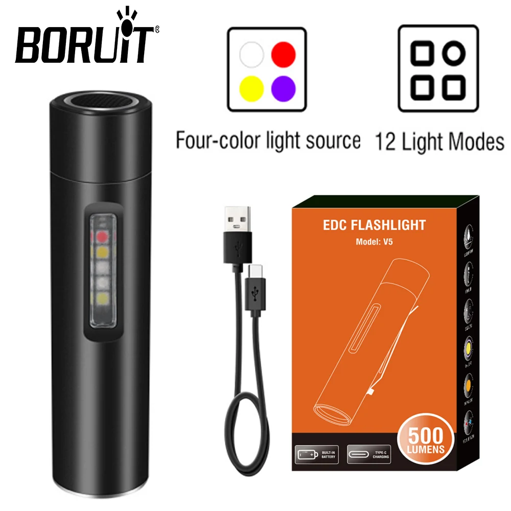BORUiT NEW V5 Mini Flashlight 4 Colors 12 Light Mode Flashlight TYPE-C Rechargeable Torch with Magnet Purple Light Camping Light