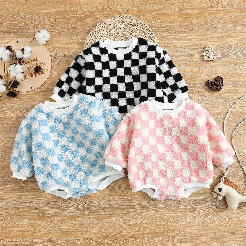 

Baby Boys Girls Lamb Wool Romper Autumn Winter Plaid Pattern Round Collar Long Sleeve Triangle Jumpsuits Newborn Clothing 0-24 M