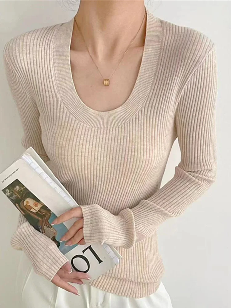 

Женский мягкий Повседневный вязаный свитер с U-образным вырезом, СВОБОДНЫЙ Модный Однотонный свитер с длинным рукавом, вязаный Топ, весна-осень 2022