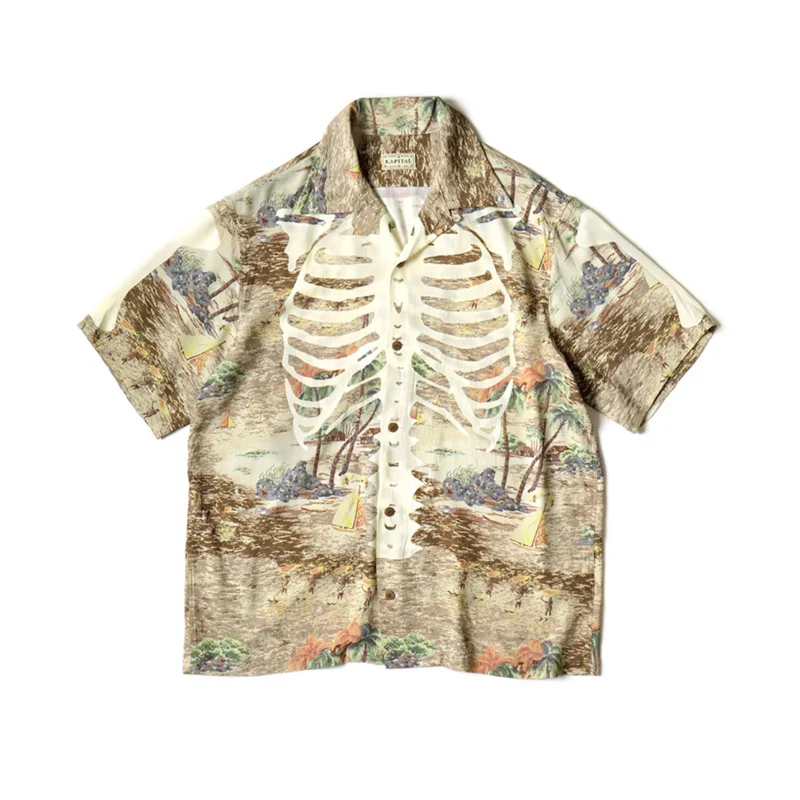 KAPITAL Men's Short Sleeve Shirt 2023 Summer Japanese Chest Bone Personalized Hawaiian Print Cuban Neck Casual Tops Trend