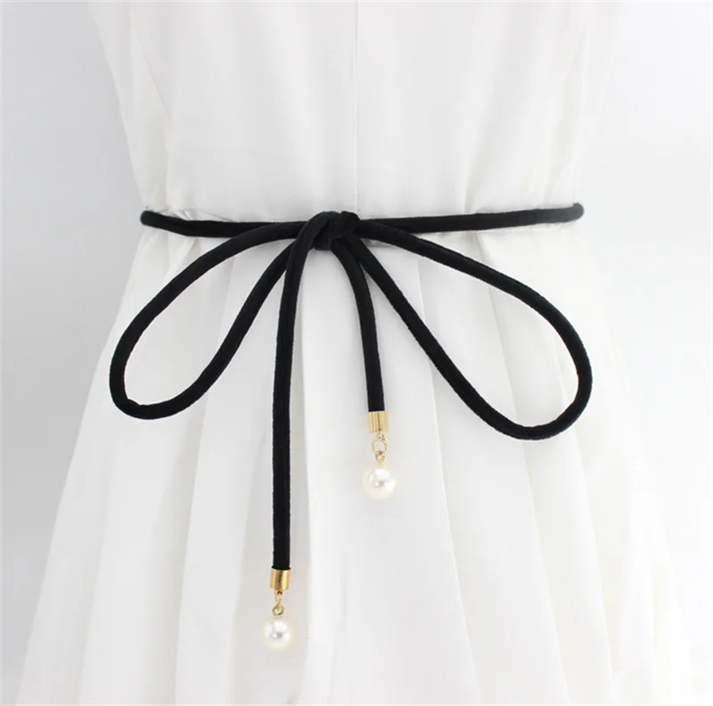 

Solid Fashion Women Tassel Knot Belt Vintage Pearl Waist Rope Fringed Waistband Girdle For Dress Female Thin Srting Femee Black