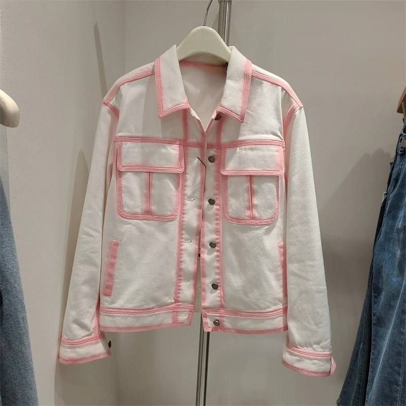 

White Denim Coat for Women 2022 Spring New Handmade Pink Stripe Patchwork Jean Jacket Female Fashion Top Outwears