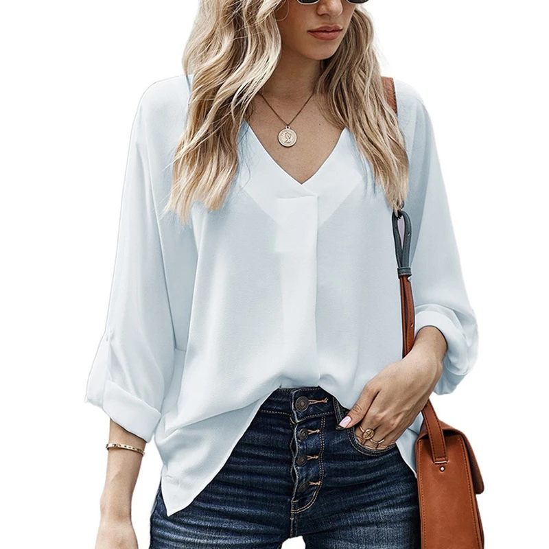 

Blusas Femininas New Women V-Neck Solid Chiffon Blouse Tops Sexy Fashion OL Three Quarter Sleeve Shirt Blouses