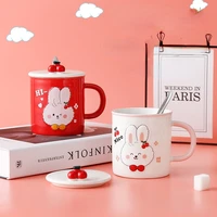 cherry rabbit mugs cute animal ceramic water bottle with lid and spoon funny couple coffee cups with cartoon characters
