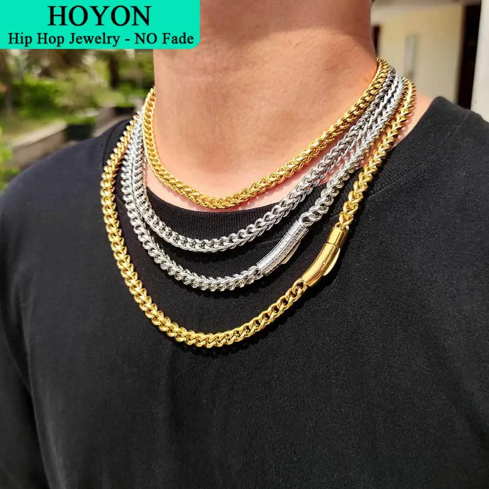 

HOYON 16-26inchs Stainless steel necklace with 6mm spring button and chain hip hop titanium steel jewelry men's necklace no fade