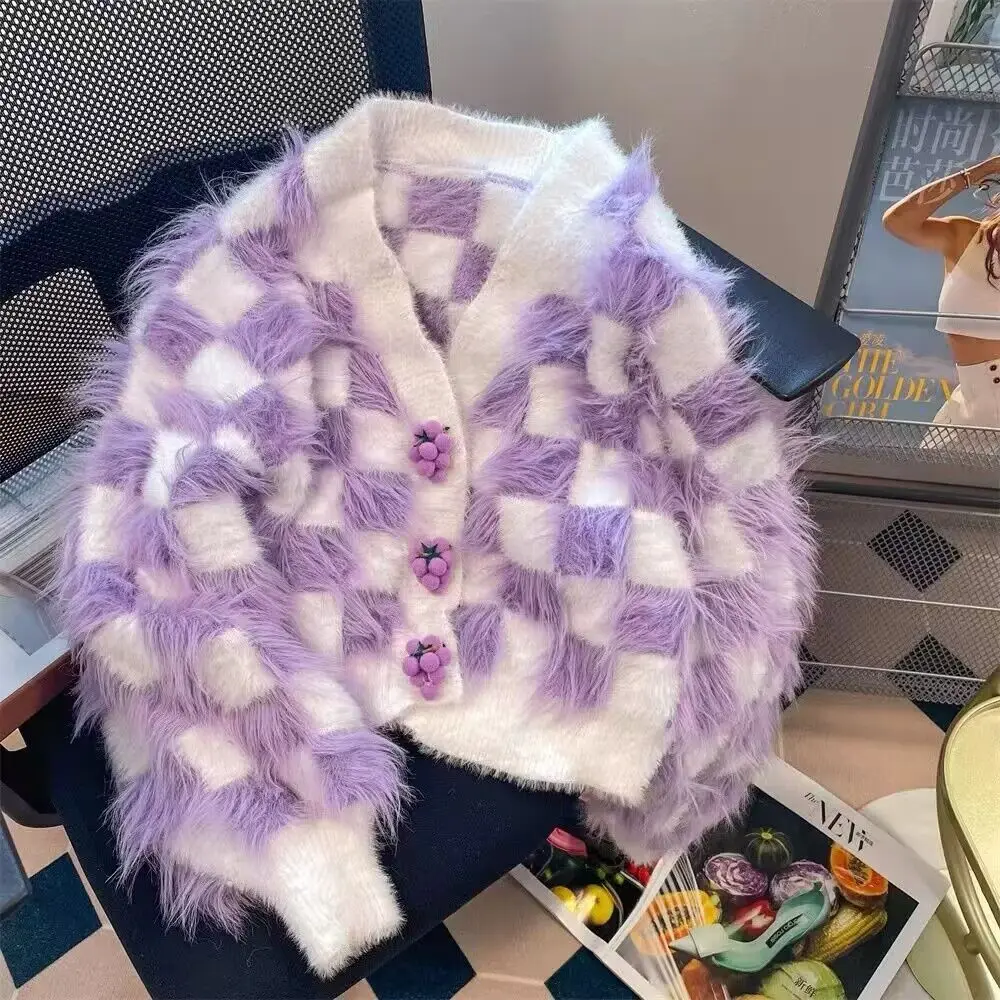 

Spring Autumn Girl's Sweat V- Neck Purple Grid Plush Cardigan Sweater Coat