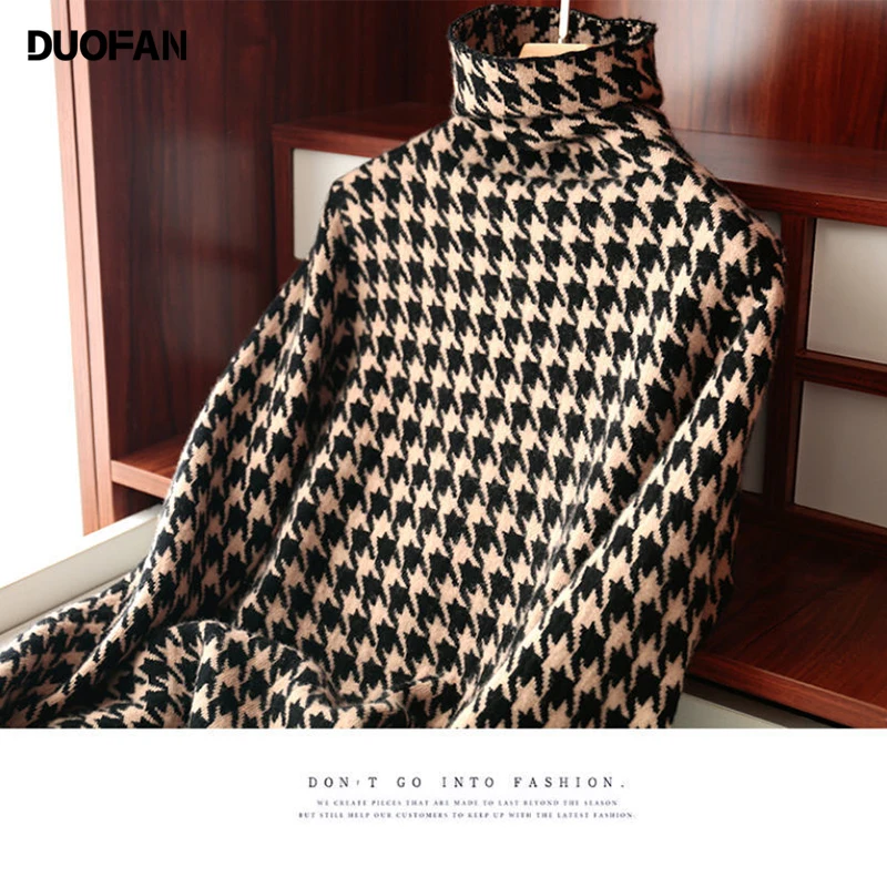 

DUOFAN Classic Houndstooth Pile Collar All-match Thicken Turtleneck Pullover Sweater Wome Vintage Slim Knitted Bottoming Shirt
