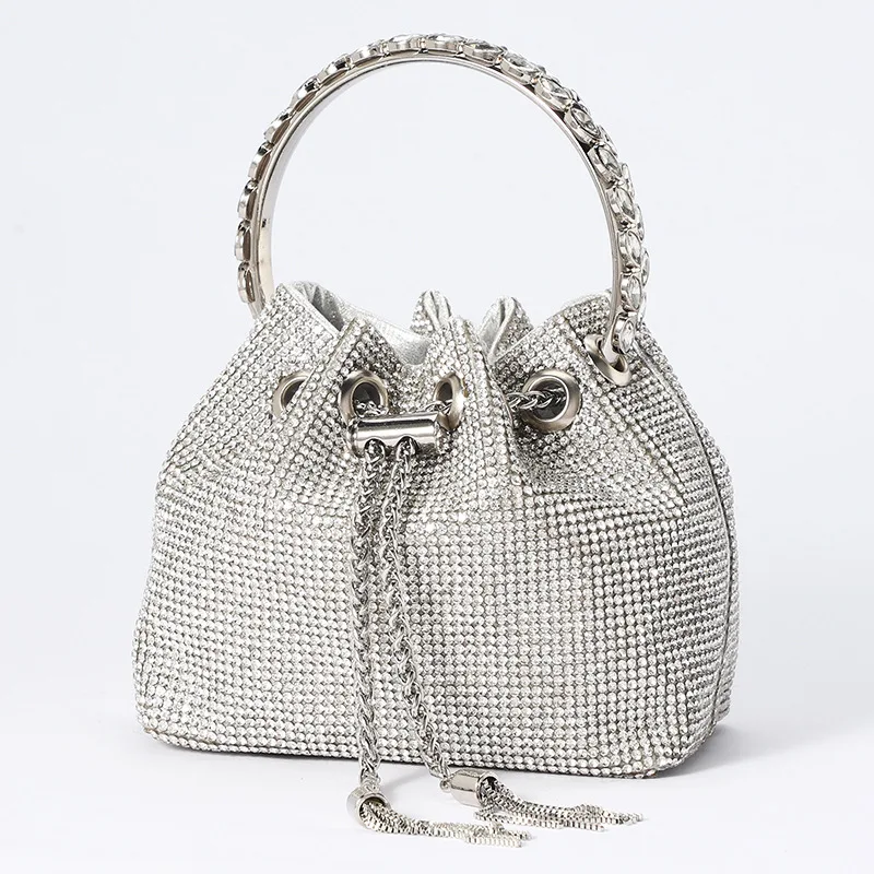 

2022 Diamond Women Mini Bucket Shoulder Bags Bling Sting Evening Clutch Bags Wedding Banquet Purse 3 Colors Drop Shipping