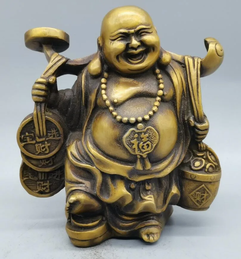 

Lucky Brass Buddhism Happy Laugh Money Yuanbao Maitreya Buddha Statue
