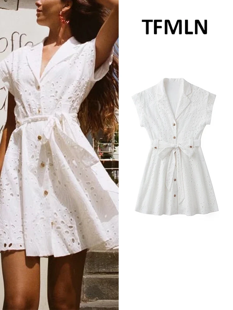 

Женские платья с вышивкой и поясом, лето 2022, элегантное праздвечерние чное платье с отложным воротником, Женский Повседневный мини-наряд бе...