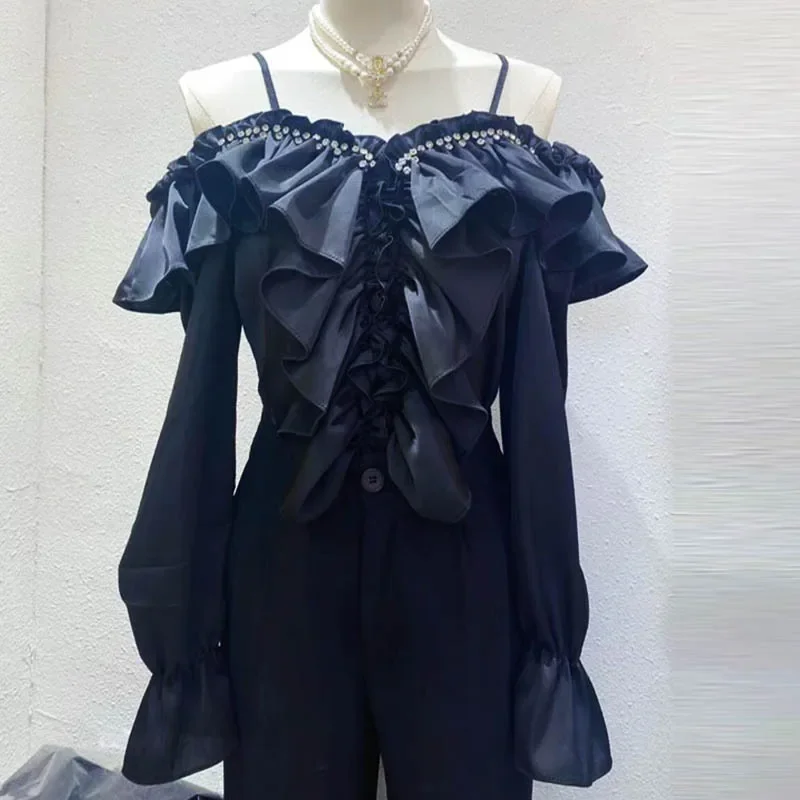 Элегантная французская винтажная майка с открытыми плечами для женщин рюшами по