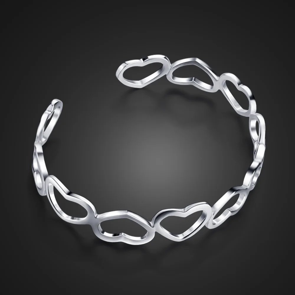 

Fashion 100% 925 Sterling Silver Open Bracelet For Women Adjustable Heart Bangle Solid Silver Fine Jewelry Gift